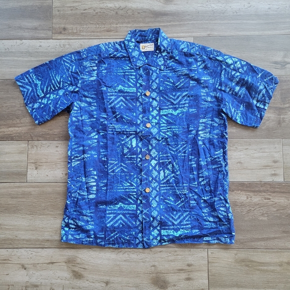 Vintage 60s Hawaiian Casuals by Stan Hicks Mens Shirt  XL Aloha Blue Tappa Print - Picture 1 of 6